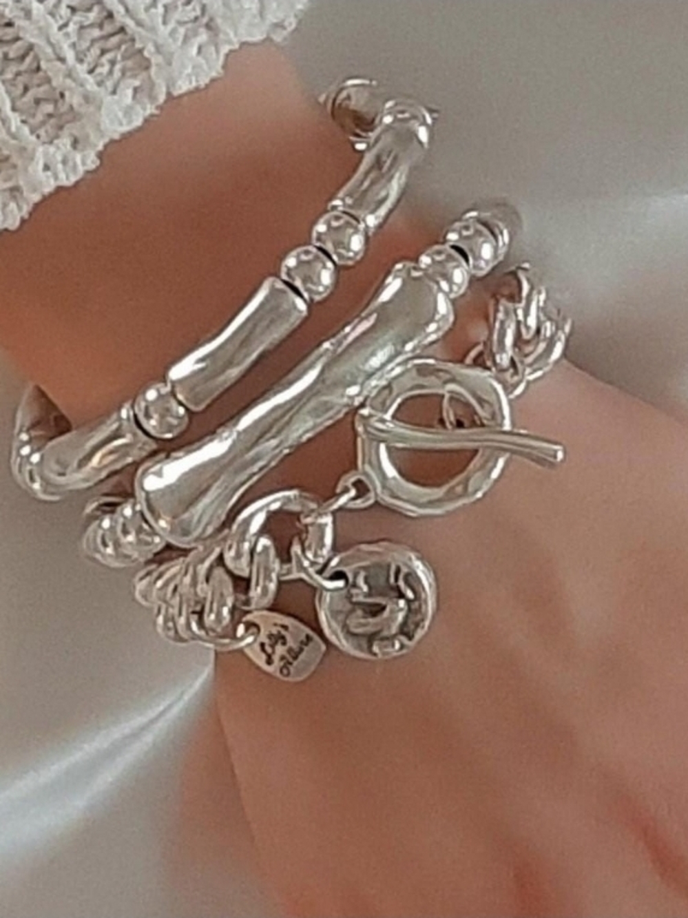 NWOT - Lillysallure Sterling Silver Beaded & Chain Bracelet Set - Picture 2 of 4